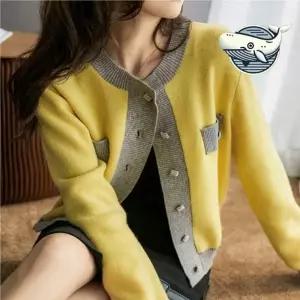 ( )봄가을 여성 울 가디건 노란색 단추 포켓 여자 봄 여성 두툼 가디건 가을 니트 넥 울 라운드