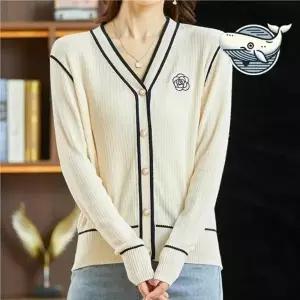 ( )여성 니트 가디건 봄가을 데일리 앙고라 배색 사무실 브이넥 봄 검정 여자 간절기 예쁜 색 금장단추 배