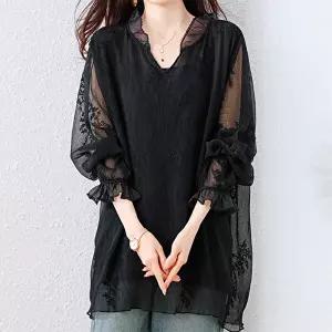 [패션시그널]플라워패턴 시스루슬리브 롱블라우스 7214EB