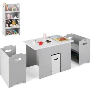 코스트존 4-in-1 테이블 및 의자, 여러 개의 수납함과 공간 절약 디자인을 갖춘 독서 식사를 위한 액티비티 테이블 및 컨버터블 의자, 스태커블 캐비닛 용 테이블 및 의자 세트