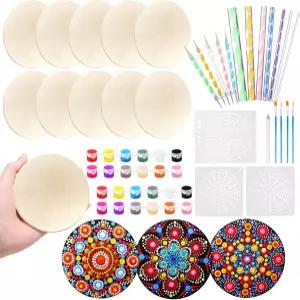 Potchen 10개 만다라 바위 그림 키트 도팅 도구 원목 도트 페인트 스텐실 세트 성인 예술 드로잉 홈 데코