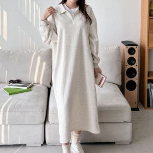국내생산 풀로우 반집업 카라 원피스 여성 봄 롱 루즈핏 빅사이즈 캐주얼 트레닝 외출복 면