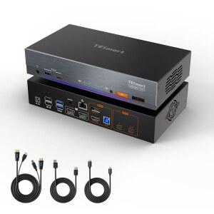 TESmart Thunderbolt 4 KVM 스위치 2 모니터 컴퓨터 4K@60Hz, HDMI+디스플레이포트 듀얼 1대(충전 60W 포함 TB4 USB C) 및 데스크톱 1대(HDMI 2.0 DP1.2), 기가비트 네트워크, EDID