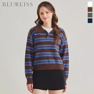 [신세계라이브쇼핑][블루레이스] 반오픈 카라 줄지 니트_B5W1KT2101