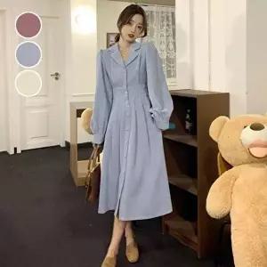 가을 겨울 여성 코듀로이 허리조임 넥카라 롱 원피스 (KYR-WE28730)