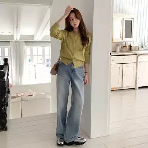 [코코블랑] 필렛 워싱 와이드 데님 팬츠