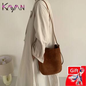 여성호환용 빈티지 누벅 가죽 숄더 버킷 백  디자인 두 번째 레이어 소가죽 크로스바디 핸드백 지갑