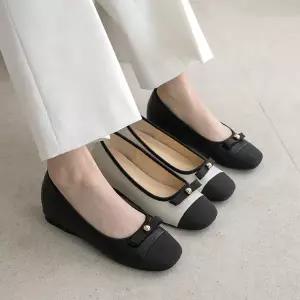 [분홍코끼리] (쫀득몰드창) 데이바이 리본 배색 키높이 플랫(4cm)