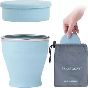 테이크투데이 접이식 여행용 컵 - 실리콘 물컵 뚜껑 및 방수 가방 포함 BPA 프리 사무실 캠핑 국제 음료
