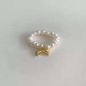 (925 Silver) Pebble pearl ribbon ring B 41