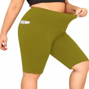 LALAGEN 여성용 플러스 사이즈 바이커 반바지 주머니 포함 - 배 조절 체육관 운동 러닝 요가 배구