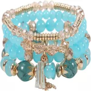 리우스겔라드 보헤미아 스태커블 비즈 여성용 팔찌 세트 다층 스트레치 크리스탈 스톤 골드 주얼리 - 핑크