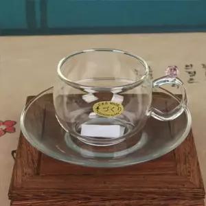 [제이커머스]핑크장미 손잡이 유리찻잔 받침세트 120ml 유리티포트 다도구 다기 찻잔