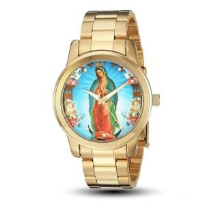 과달루페의 성모님이 등장하는 남성용 u2013 종교 시계 성모님 다이얼 우아한 헌정 선물 골드톤 스테인리스 스틸 케이스와 화려한 아트워크 및 매칭 링크 브레이슬릿