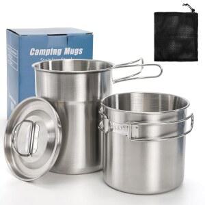 나그퓨 2 스테인리스 스틸 캠핑 컵 수납 가방이 있는 스태커블 머그컵 접이식 손잡이 뚜껑 커피 차 하이킹을 위한 금속 배낭 조리기구 부시 포트
