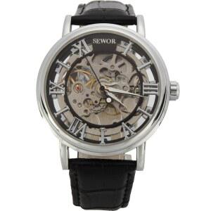 SEWOR 남성용 기계 골격 투명 빈티지 스타일 가죽 손목시계