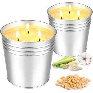 시트로넬라 야외 캔들 2개 세트 - 최대 180시간의 연소 시간을 가진 17온스 대형 3윅 소이 왁스 캔들, 마당, 정원, 발코니 및 캠핑에 적합합니다.