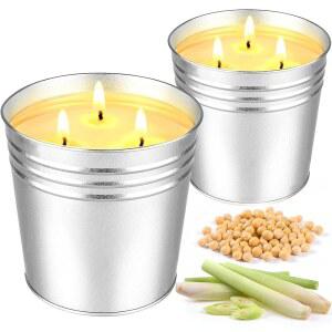 시트로넬라 캔들 아웃도어 u2013 2 x 17온스 대형 3-Wick 소이 왁스 캔들, 최대 180시간 연소 시간, 야외 파티오, 정원, 마당, 발코니, 캠핑을 위한 레몬그라스