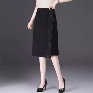 여성 블랙자수 슬릿 원턱 스커트 봄가을 H라인 힙업 일자 중기장 치마 MACHI1