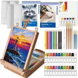 아트브라이징 혼합 미디어 아트 세트 테이블탑 스케치 박스 이젤 및 다양한 액세서리가 포함된 55팩 페인팅