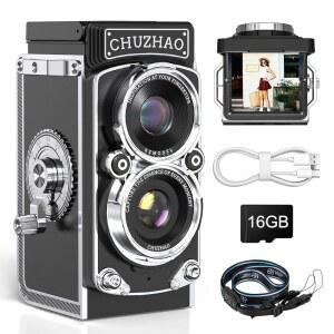 추자오 디지털 카메라 레트로 휴대용 미니 빈티지 TLR 올드 스타일 카메라, 12MP 사진 1080P FHD 비디오 오토 포커스 - 블랙