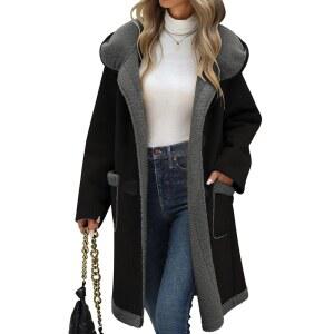 우미푸보 여성용 인조 스웨이드 코트 셰르파 플리스 안감 오버사이즈 더플 겨울 중간 길이 후드 토글 재킷