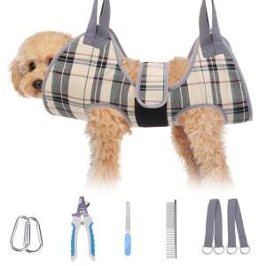 작은 강아지 고양이를 위한 주 개 그루밍 해먹 손톱 다듬기/클립핑용 슬링 두꺼운 패브릭 목 지지대와 스트랩 구속 발톱 관리가 가능한 걸이 홀더 베이지 XS