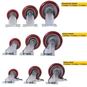 중형 3인치 4인치 5인치 캐스터  고정형 회전형 브레이크 중량용 바퀴 및 카트용 풀리