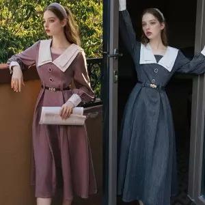 [에이치플러스몰]ToB 레트로 더블카라 빅버튼 롱원피스(2color) 경성의상 복고의상
