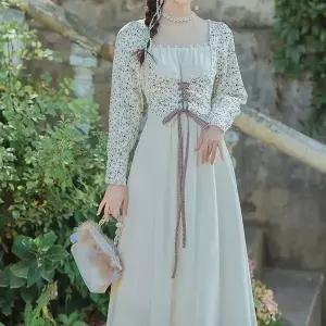 [에이치플러스몰]ToB 레트로 플라워패턴 발레코어 긴팔 롱원피스 경성의상