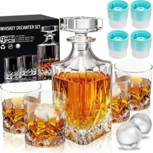 남성용 위스키 디캔터 세트 4*크리스탈 잔(실리콘 스 몰드 4개 무료) 버번 스카치용 무연 아버지 남편