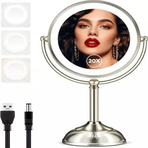 모모쿠바 메이크업 미러 조명 9인치 20배 확대경 및 3가지 색상 베니티 조절 가능한 밝기 양면 데스크 니켈