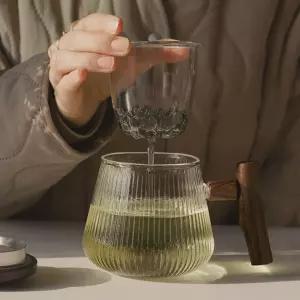 뚜껑 유니크한유리컵 차우리는머그 필터 480ml 나무뚜껑유리컵