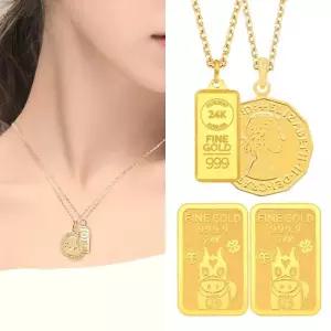 [골드퀸즈] 24K 순금 행운의 골드바 세트 (24K 펜던트 + 체인 목걸이+ 글로리코인목걸이) + 24K 순금 행운