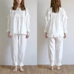 여성용 면 리본 장식 프릴 레이스 공주풍 잠옷 상하의