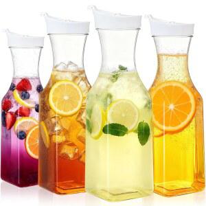 뚜껑이 있는 Zmpkhba 4팩 플라스틱 카라페, 1리터 대형 미모사 바 주스 음료 용기 냉장고, 물, 우유, 스티, 핸드워시용 투명 음료 사각 베이스