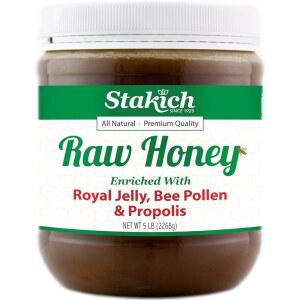 스테이키치 로열 젤리, 꿀벌 꽃가루, 프로폴리스 농축 생꿀 - 순수, 가공되지 않음, 가열되지 않음 - 5파운드(80온스)