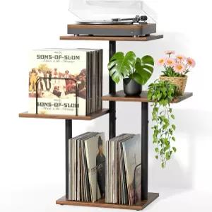 바이니 식물 레코드 플레이어 스탠드 비닐 보관함 LP 선반이 있는 목재 턴테이블 테이블 가구 앨범 정리기