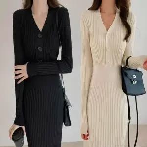 여성 슬림핏 골지 니트 V넥 롱 니트원피스 겨울 이너 (KYR-WD803F9)