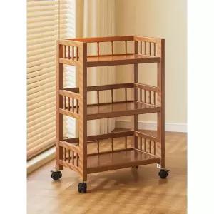 프리미엄 원목 트롤리 이동식 수납선반 우드 서빙 카트 바퀴 3단 울타리 길이 70cm
