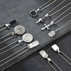 남성용 실버 컬러 기하학적 펜던트 목걸이, 변색되지 않는 스테인리스 스틸 나침반 목걸이(체인 포함), 세