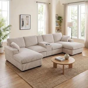 시보이 126인치 U자형 소파 체이스 라운지가 있는 모듈형 단면 수납 콘솔이 모던 USB 충전 포트 및 컵 홀더