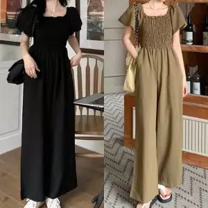 스모크밴딩 오프숄더 밴딩 점프수트 넥프릴 와이드핏 AcG2+8IUJ