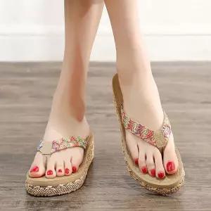 여성 2컬러 보헤미안 쪼리 슬리퍼 웨지 플립플랍