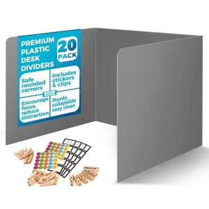 학생용 20팩 책상 칸막이 - 내구성 및 방수 플라스틱 개인정보 보호 쉴드 칸막이, 교실 폴더 교사 용품, 청소하기 쉬운 공부 카렐 학생 책상용 보드, 회색
