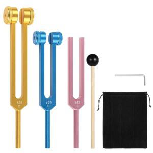 튜닝 포크 세트(128Hz, 256Hz, 512Hz) 3개, 리플렉스 해머 및 보관 가방이 있는 가중 비중중 알루미늄 포크, 차크라 / 힐링 사운드 테라피 기기 요가 명상 액세서리(색상)