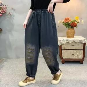 손오공 팬츠 여성용 배기핏 찢청 배색 밴딩 데일리룩 청바지 KUK3