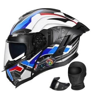 듀얼 바이저가 장착된 블루투스 모듈식 모터사이클 헬멧 DOT 승인 내장 자외선 차단제 성인 남성 여성용 탈착식 워셔블 라이너 코 모토 홈브레 무저