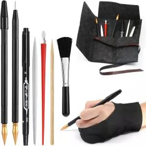 9개 스크래치 아트 도구 세트 드로잉 아티스트 글러브 가방 컬러링 펜 플라스틱 나무 스타일러스 스크래퍼