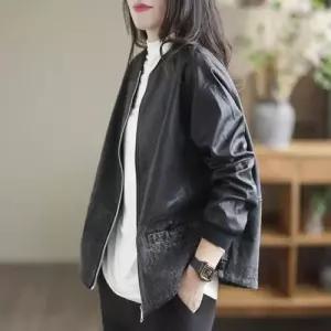 손오반 여자 솔리드 가죽 데일리룩 루즈핏 옷 PU봄가을 코트 무스탕 야구넥 집업 긴팔 상의 KUK1